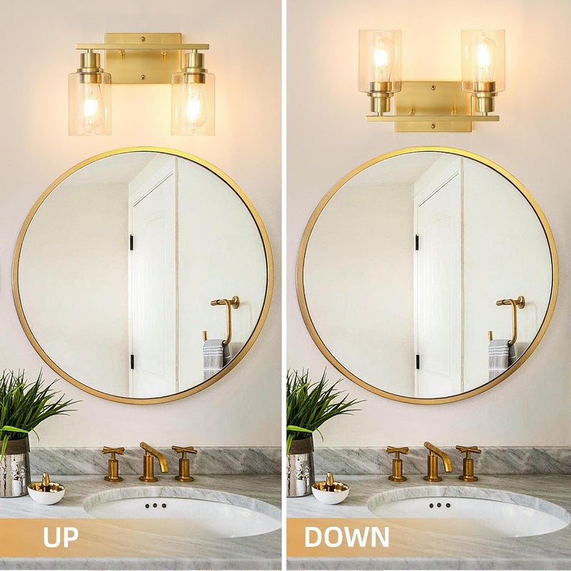 EMONG Gold Bathroom Light Fixtures, 2-Lights Brushed Brass Vanity Light with Clear Glass Shade, Modern Wall Sconces for Hallway, Farmhouse, Living Room - Image 4